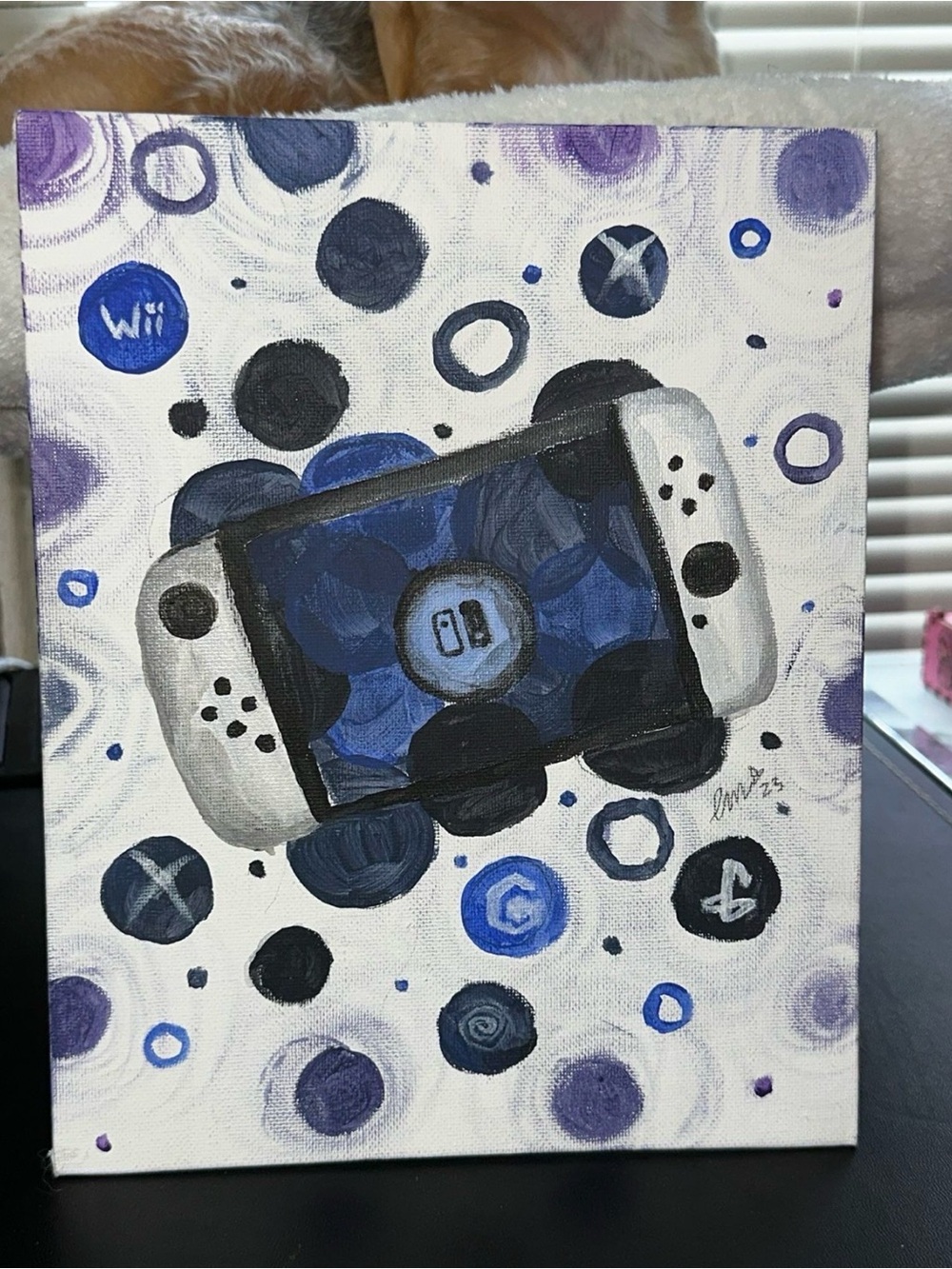 Hand-Painted Gaming Console Artwork - White and Blue